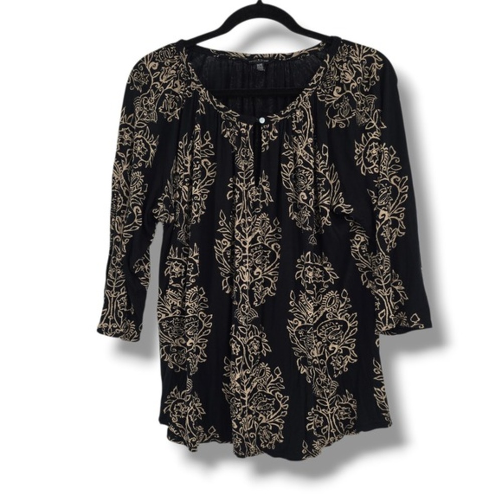 Lucky Brand Womens 1X Black Tan Floral Damask Keyhole 3/4 Sleeveโ Viscose Blouse